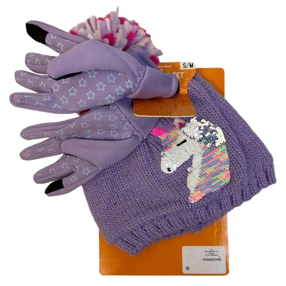 Member's Mark Kid's Flat Knit Beanie Hat With Pom Pom & Gloves Set - Purple
